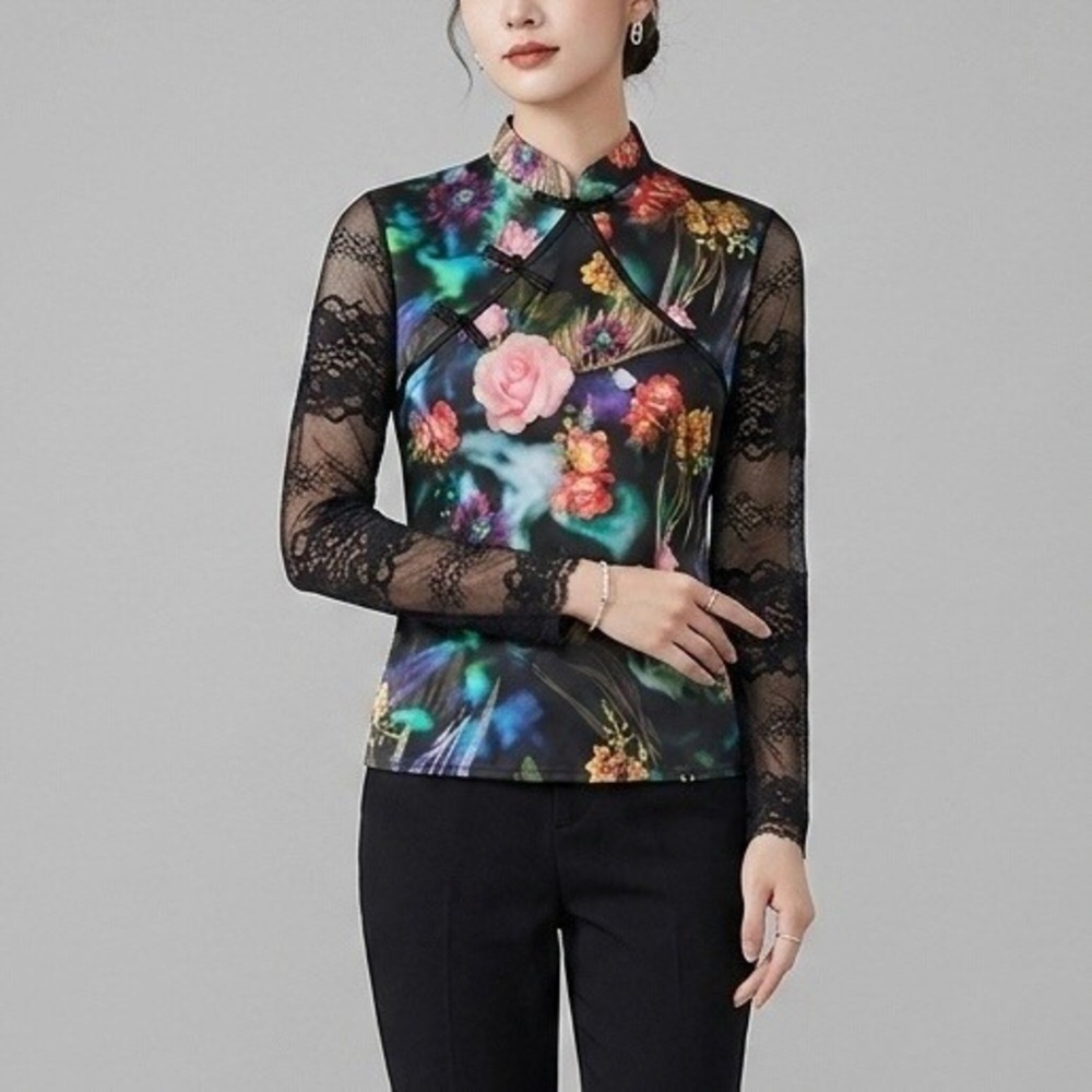 100% Silk Floral Cheongsam Blouse Lace Long Sleeve Black Size Medium